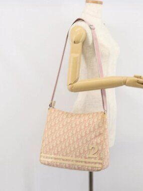 Christian Dior Trotter Canvas Shoulder Bag PVC Pink Silver Auth 165231